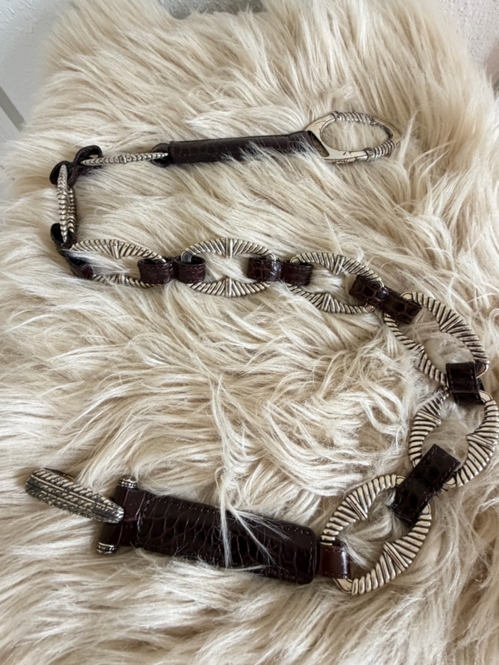 Brighton Brown Leather Link Belt Silver Hardware Western Boho Statement Size 34